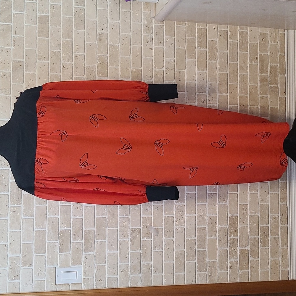 SOO Yung Lee Women's Red and Black Silk Long Sleeve Midi Dress (Sz M)